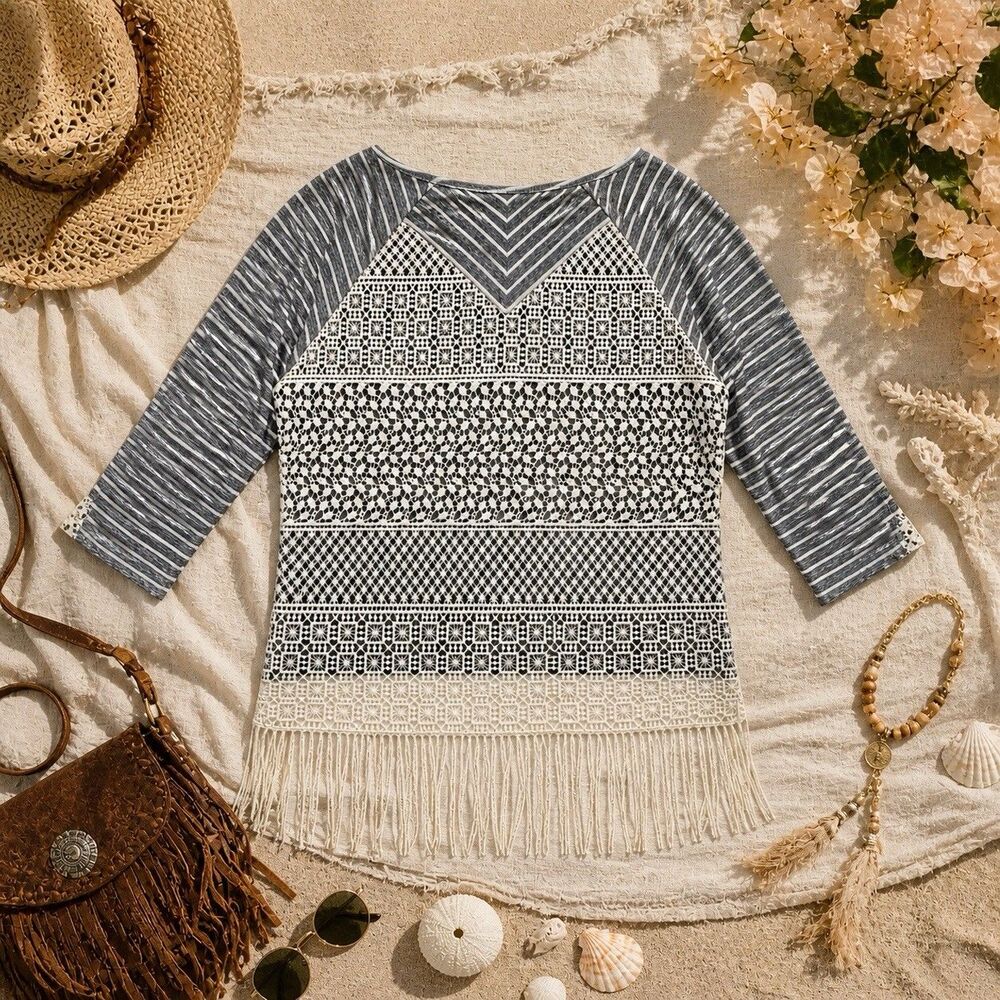 Striped Fringe Hem Boho Top Crochet Back Coastal Festival 3/4 Sleeve PM